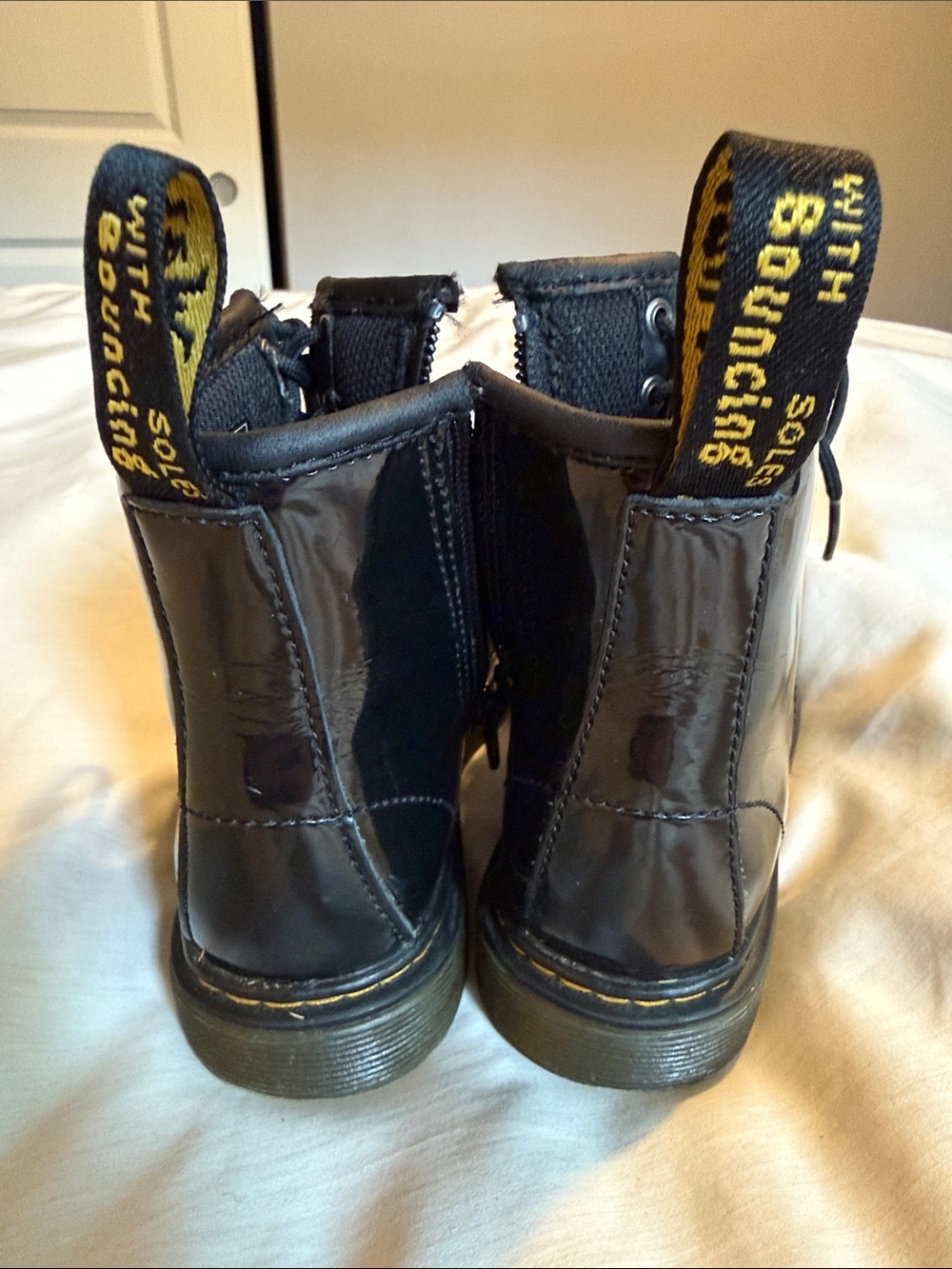 Dr. Martens Black Patent Lace-Up Ankle Boots with Yellow Heel Loop - Picture 5 of 7